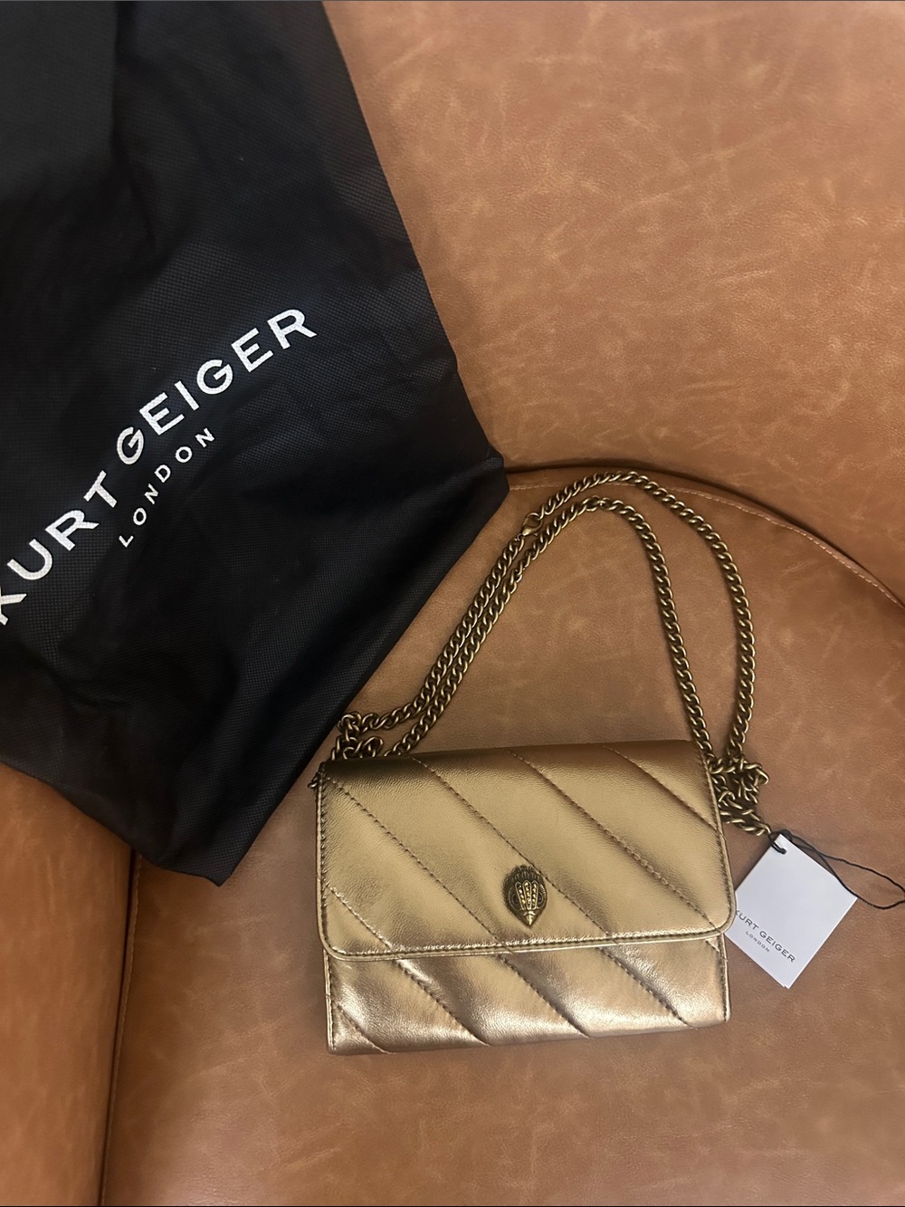 Kurt Geiger Metallic Gold Quilted Crossbody with Chain Strap